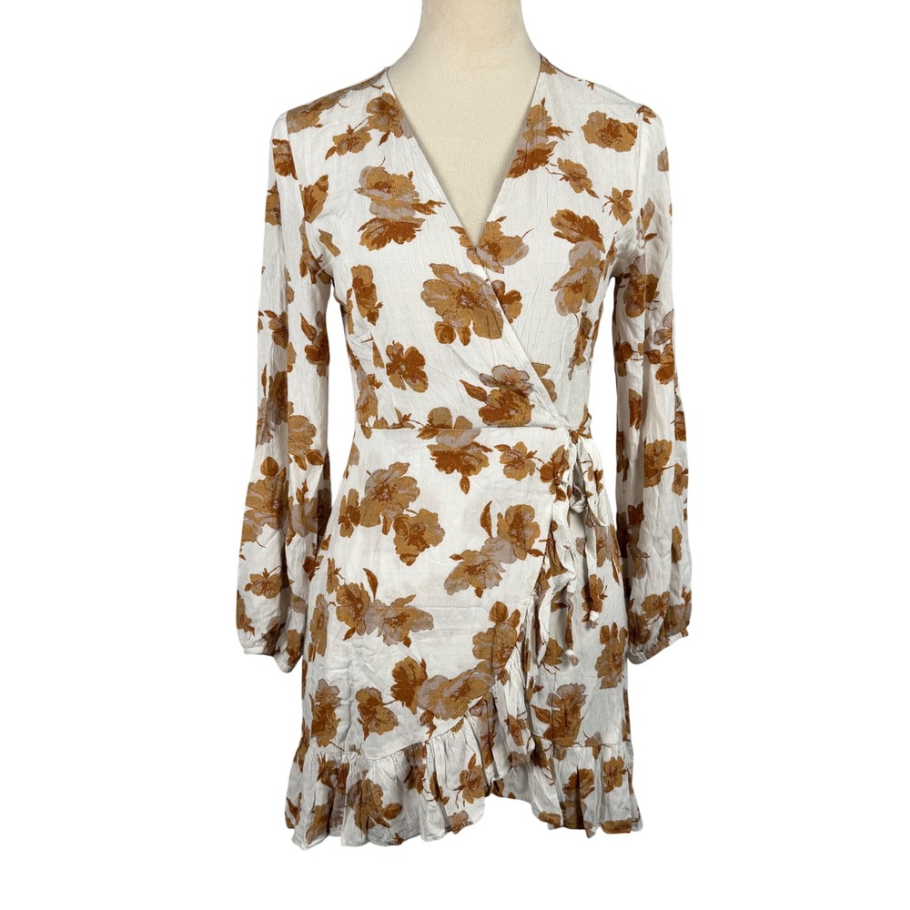 Wrap Dress Womens Small Floral Ruffle Long Sleeve White Rust Floral Boho Garden